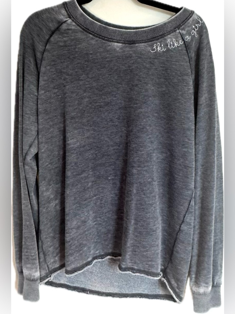 Alternative Apparel Weathered Embroidered Gray Sweatshirt Ski Like a Girl Text L